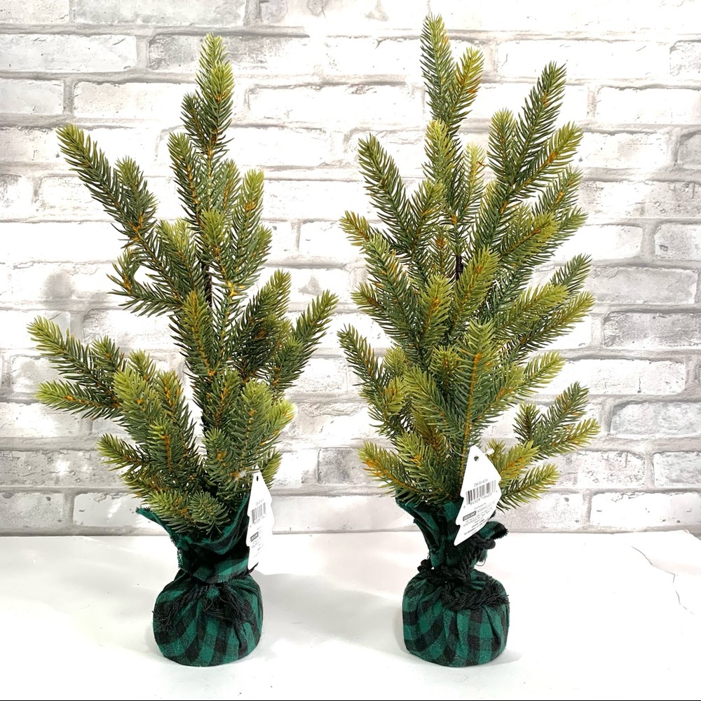 Set 2 - 18" Table Top Christmas Tree Decorative Figurine Plaid Wrap